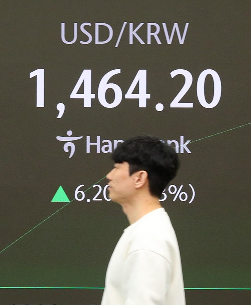 원·달러 환율이 전 거래일 주간거래 종가(1458.0원)보다 5.0원 오른 1463.0원에 개장한 18일 오전 서울 중구 하나은행 딜링룸 전광판. (사진/뉴시스)